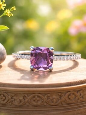 Simple and Pretty Alexandrite Engagement Ring Sterling Silver , June Birthstone